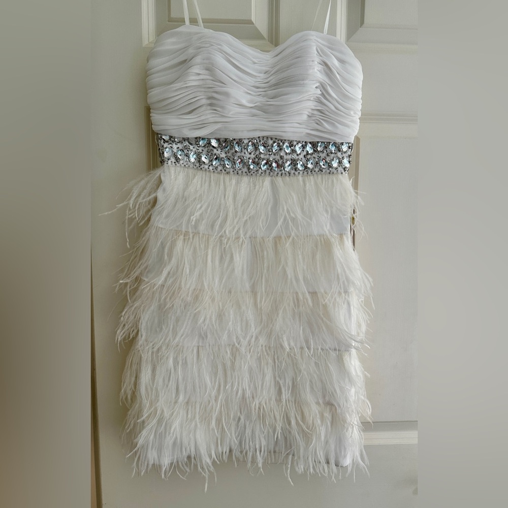 Alex & Sophia fancy feathered white and rhinestone dress!